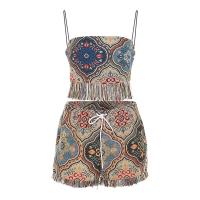 Polyester Tassels Lady Sexy Suit backless short pants & camis embroidered geometric multi-colored Set