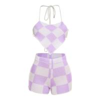 Spandex & Polyester Lady Sexy Suit backless short pants & camis knitted plaid purple Set