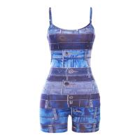 Spandex & Polyester Women Romper backless printed blue PC