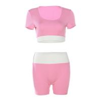 Spandex & Polyester Frauen Casual Set, kurz & Kurzarm T-shirts, Patchwork, mehr Farben zur Auswahl,  Festgelegt