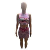 Polyester Two-Piece Dress Set midriff-baring printed character pattern pink Set