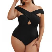 Spandex & Polyester Plus Size Monokini & off shoulder & padded plain dyed Solid black PC