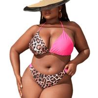 Polyvinyl Chloride Fibre & Spandex & Polyester Plus Size Bikini backless & padded printed leopard pink Set