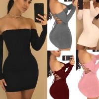 Polyester One-piece Dress backless & off shoulder & breathable & skinny style stretchable Solid PC