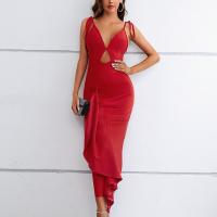 Viscose High Waist Sexy Package Hip Dresses deep V Solid red PC