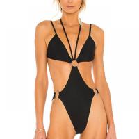 Polyester Monokini backless patchwork Solid black PC