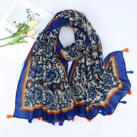 Polyester Tassels Women Scarf can be use as shawl & thermal printed floral blue PC