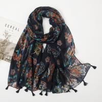 Cotton Linen Tassels Women Scarf can be use as shawl & sun protection & thermal printed Plant Navy Blue PC