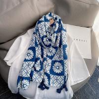 Polyester Tassels Women Scarf can be use as shawl & sun protection & thermal printed floral blue PC
