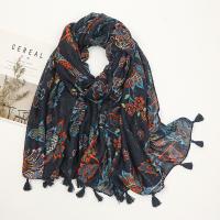 Cotton Linen Tassels Women Scarf can be use as shawl & sun protection & thermal printed floral Navy Blue PC