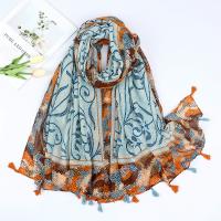 Cotton Tassels Women Scarf sun protection & thermal & breathable printed blue PC
