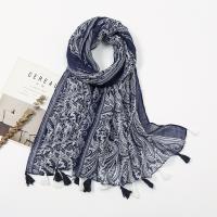 Voile Fabric Tassels Women Scarf can be use as shawl & sun protection & thermal printed Navy Blue PC