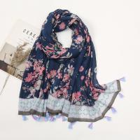 Glass Rhinestone & Cotton Linen Beach Scarf & Tassels Women Scarf can be use as shawl & sun protection printed floral Navy Blue PC