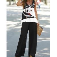 Polyester Plus Size Women Casual Set & two piece Long Trousers & tank top printed Set