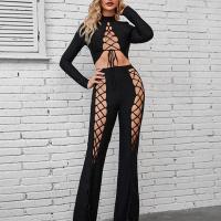 Polyester Women Casual Set & two piece & hollow Long Trousers & top Solid black Set