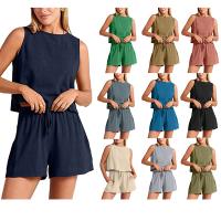 Polyester Women Casual Set & two piece & loose short & sleeveless blouses Solid Set