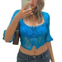 Polyester Slim Women Short Sleeve Blouses & hollow patchwork Solid blue PC