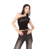 Cotton Slim Tank Top midriff-baring & off shoulder & One Shoulder iron-on Solid black PC