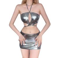 Polyester Slim Two-Piece Dress Set midriff-baring & backless & two piece & off shoulder & hollow patchwork Solid silver Set