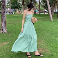 Polyester Waist-controlled Slip Dress backless Solid green PC