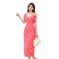 Polyester Slim Slip Dress back split Solid pink PC