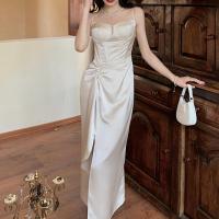 Satin & Polyester Waist-controlled & front slit Slip Dress Solid champagne PC