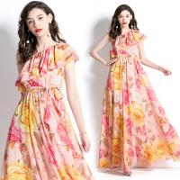 Chiffon Waist-controlled & long style One-piece Dress & breathable & One Shoulder printed shivering pink PC