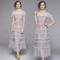 Gauze lace & long style One-piece Dress see through look & double layer embroider shivering gray PC