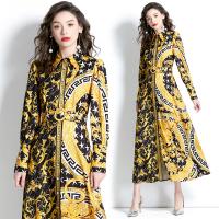 Chiffon Waist-controlled & long style & front slit One-piece Dress printed black PC