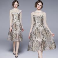 Gauze Waist-controlled One-piece Dress see through look & double layer jacquard floral Apricot PC