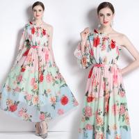 Polyester Waist-controlled One-piece Dress double layer & One Shoulder printed floral pink PC
