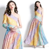 Chiffon Waist-controlled & long style One-piece Dress large hem design & One Shoulder printed multi-colored PC