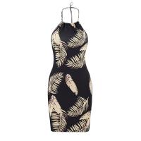 Milk Fiber Step Skirt Slip Dress backless & above knee printed leaf pattern black PC
