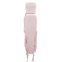 Chemical Fiber & Polyester Two-Piece Dress Set side slit & off shoulder plain dyed Solid pink Set
