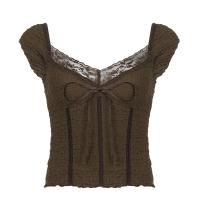 Knitted & Spandex & Polyester Women Short Sleeve T-Shirts with bowknot Lace patchwork Solid brown PC