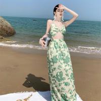 Polyester long style Halter Dress deep V & fake two piece printed green PC