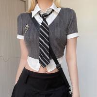 Spandex & Polyester Women Short Sleeve Shirt with tie & midriff-baring & skinny gray PC