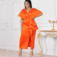 Polyester Slim One-piece Dress side slit Solid orange PC