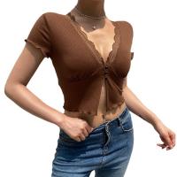 Viscose Women Short Sleeve Blouses midriff-baring & slimming & deep V patchwork Solid brown PC