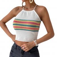 Viscose Tank Top midriff-baring & slimming & backless & off shoulder knitted striped PC
