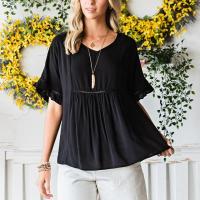 Viscose-vezel Vrouwen short sleeve blouses Lappendeken Solide Zwarte stuk