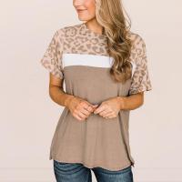 Polyester Women Short Sleeve T-Shirts & loose printed leopard khaki PC