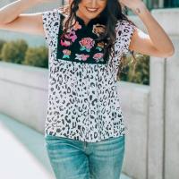 Polyester Women Short Sleeve Blouses slimming embroidered leopard PC
