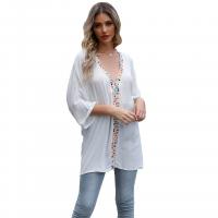 Polyester Women Short Sleeve Shirt deep V & loose white : PC