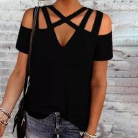 Cotton Women Short Sleeve T-Shirts slimming patchwork Solid black PC