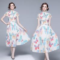 Polyester Waist-controlled & Pleated One-piece Dress & two piece & breathable stretchable butterfly pattern white PC