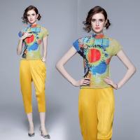 Polyester Waist-controlled Women Casual Set & two piece & breathable stretchable yellow Set