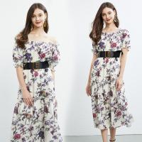 Chiffon Waist-controlled One-piece Dress & off shoulder & breathable printed shivering PC