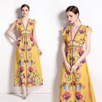 Chiffon Waist-controlled & long style One-piece Dress deep V printed shivering yellow PC