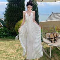 Polyester Pleated Slip Dress deep V & backless Solid white PC
